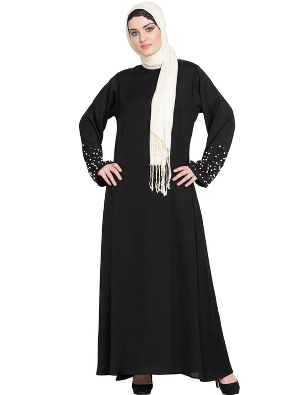 Trendy hand embroidered with Pearl at sleeve A line Nida Abaya Black Women Online shopping USA